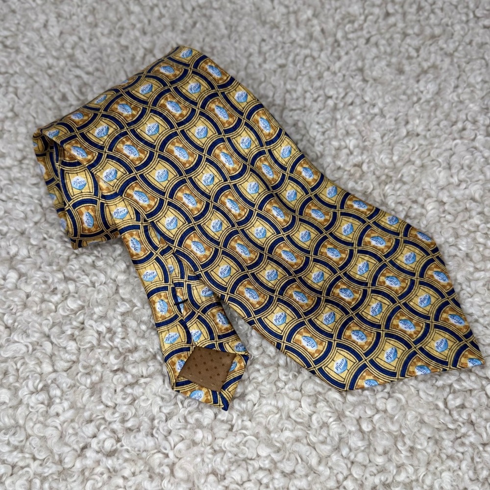 Pfizer Silk Necktie Gold Navy Blue Logo Pills Geometric Pharmaceutical Drug Rep
